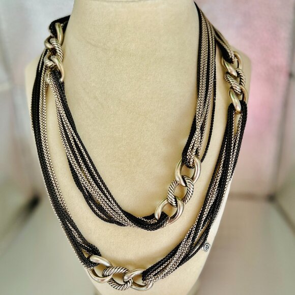 David Yurman 41” Silver & Blackened Multi-Strand Curb Chain Necklace - Picture 1 of 16